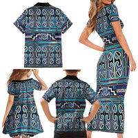 Maori Matariki Family Matching Short Sleeve Bodycon Dress and Hawaiian Shirt Blue Galaxy Aesthetic Koru Art