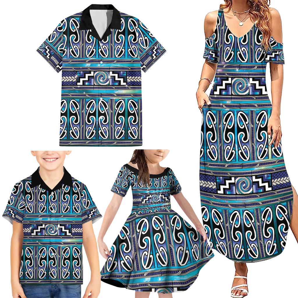 Maori Matariki Family Matching Summer Maxi Dress and Hawaiian Shirt Blue Galaxy Aesthetic Koru Art LT01 - Polynesian Pride