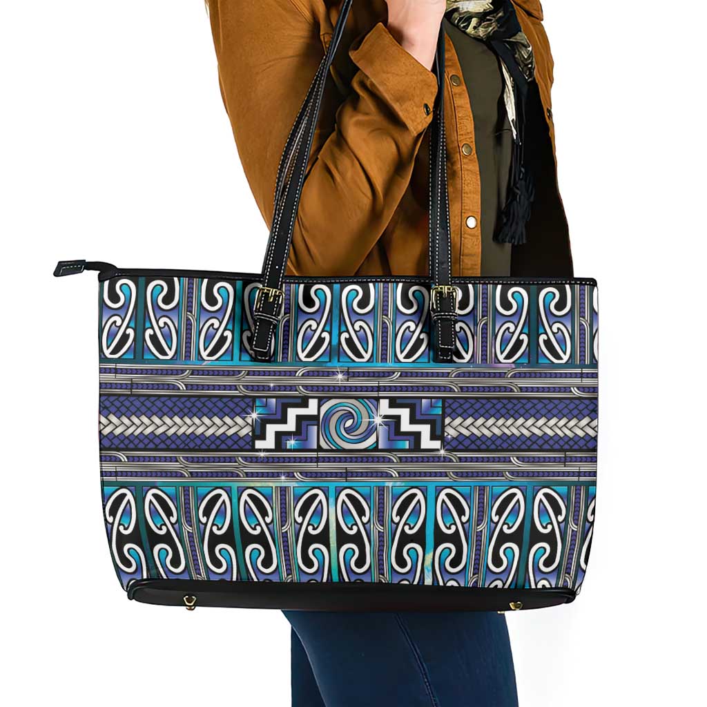 Maori Matariki Leather Tote Bag Blue Galaxy Aesthetic Koru Art LT01 - Polynesian Pride
