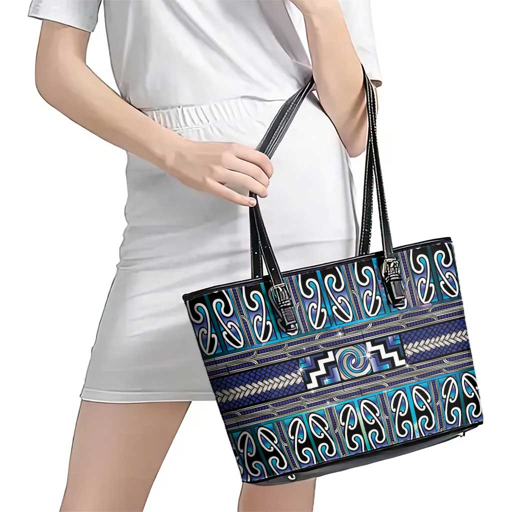Maori Matariki Leather Tote Bag Blue Galaxy Aesthetic Koru Art LT01 - Polynesian Pride