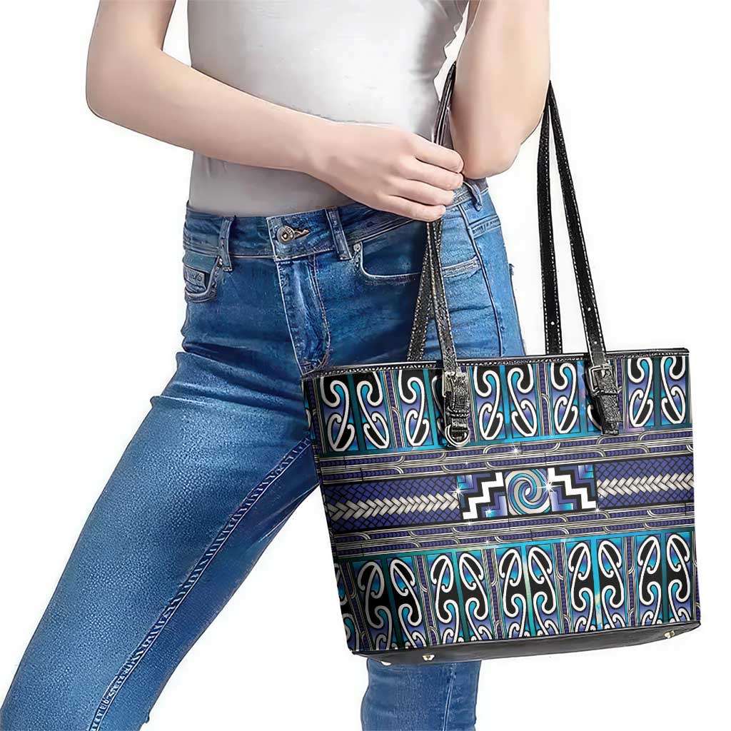 Maori Matariki Leather Tote Bag Blue Galaxy Aesthetic Koru Art LT01 - Polynesian Pride
