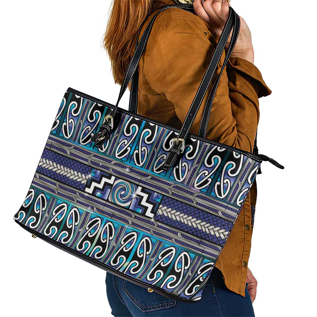 Maori Matariki Leather Tote Bag Blue Galaxy Aesthetic Koru Art LT01 - Polynesian Pride