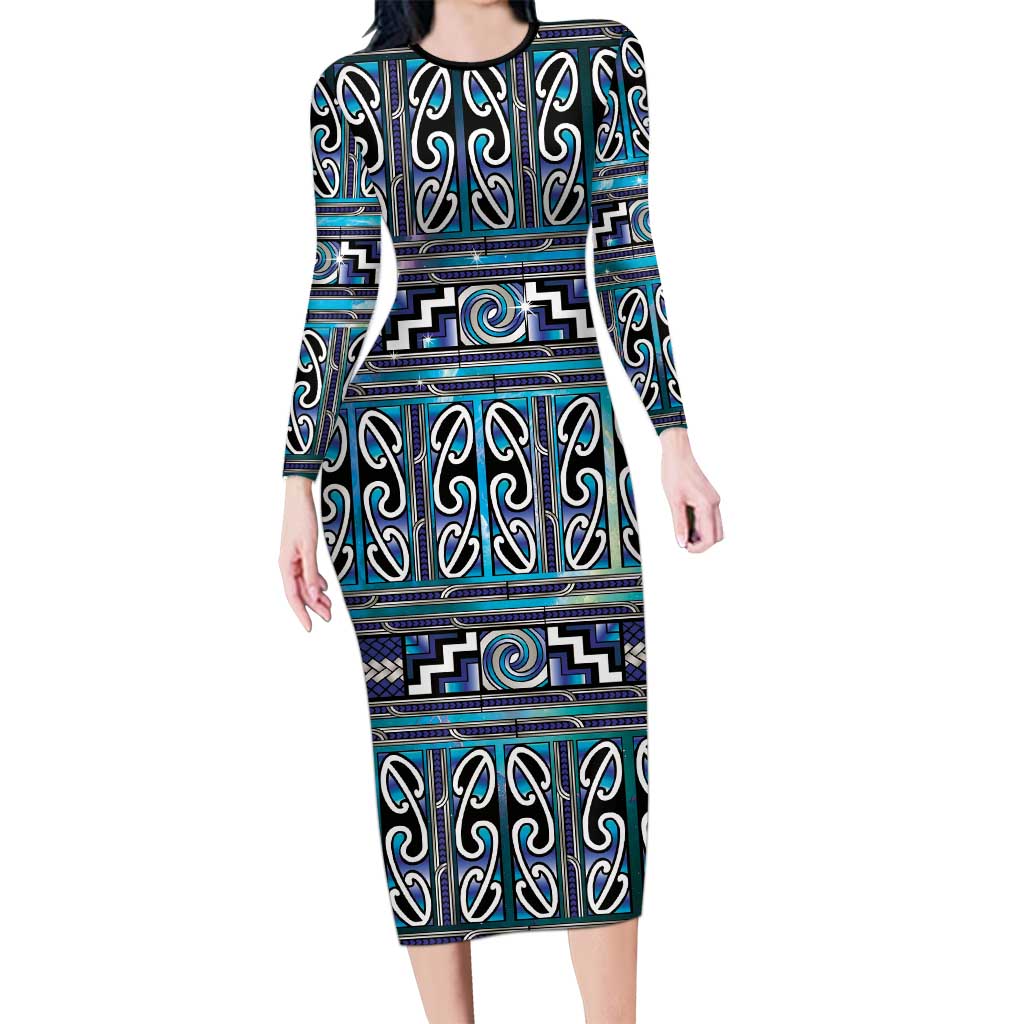 Maori Matariki Long Sleeve Bodycon Dress Blue Galaxy Aesthetic Koru Art LT01 Long Dress Blue - Polynesian Pride
