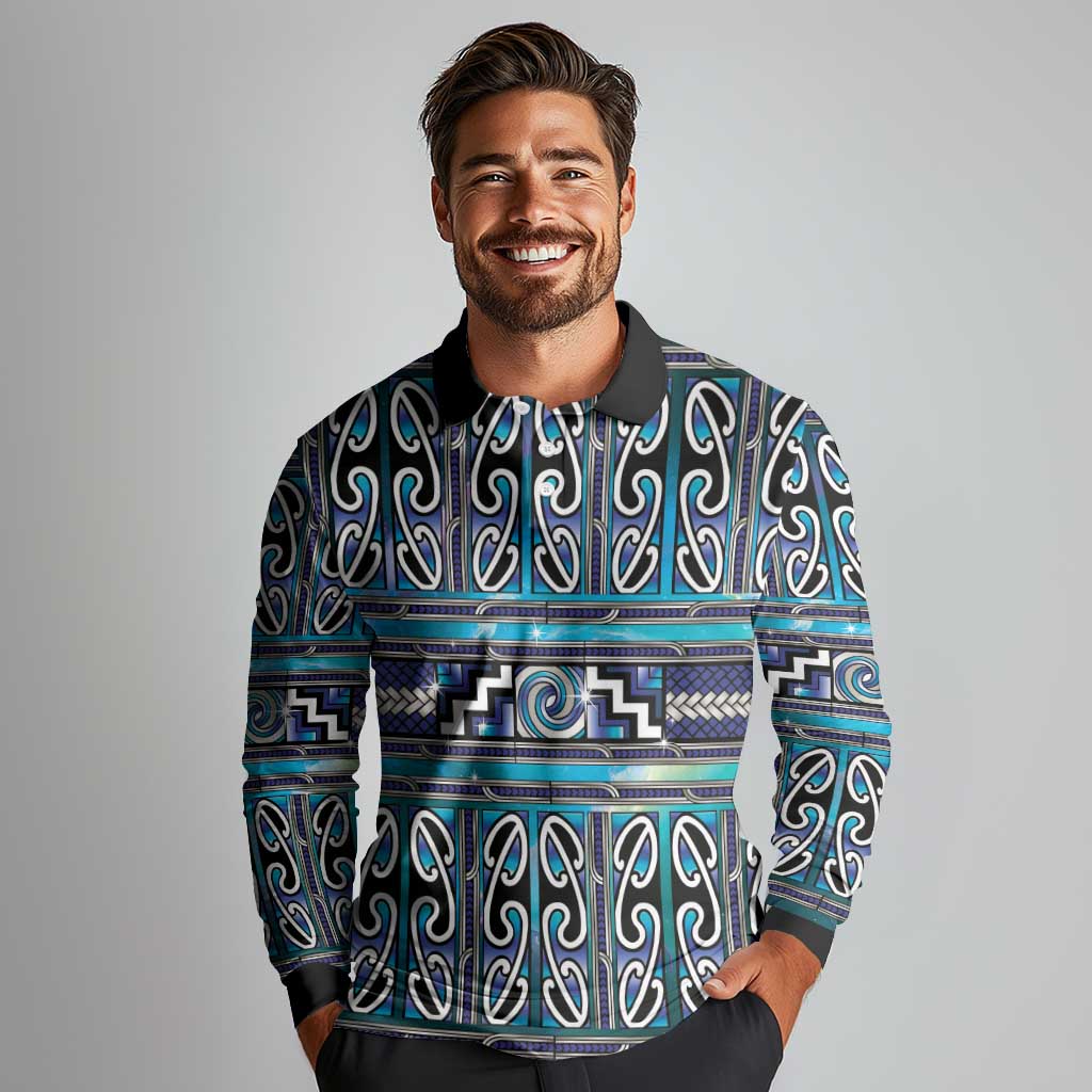 Maori Matariki Long Sleeve Polo Shirt Blue Galaxy Aesthetic Koru Art