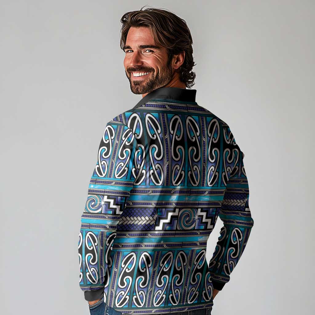 Maori Matariki Long Sleeve Polo Shirt Blue Galaxy Aesthetic Koru Art