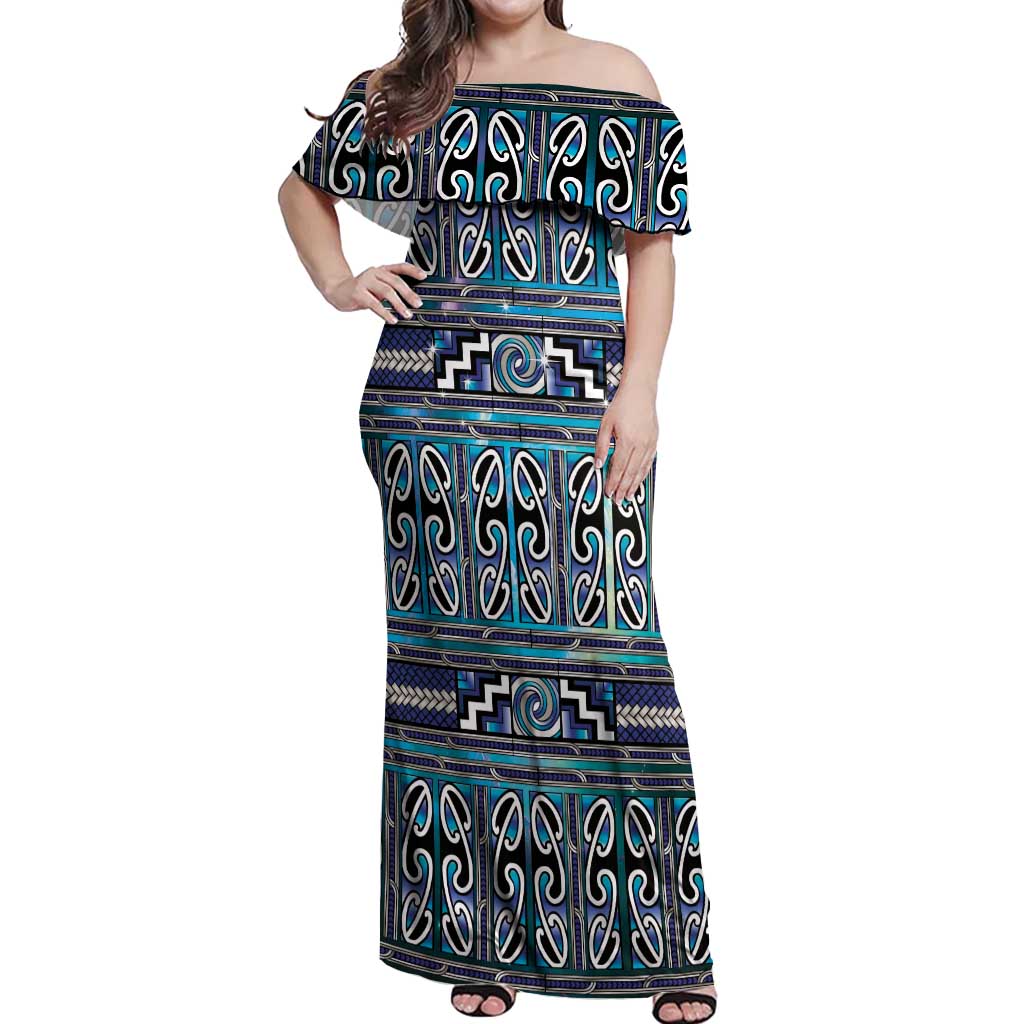 Maori Matariki Off Shoulder Maxi Dress Blue Galaxy Aesthetic Koru Art LT01 Women Blue - Polynesian Pride