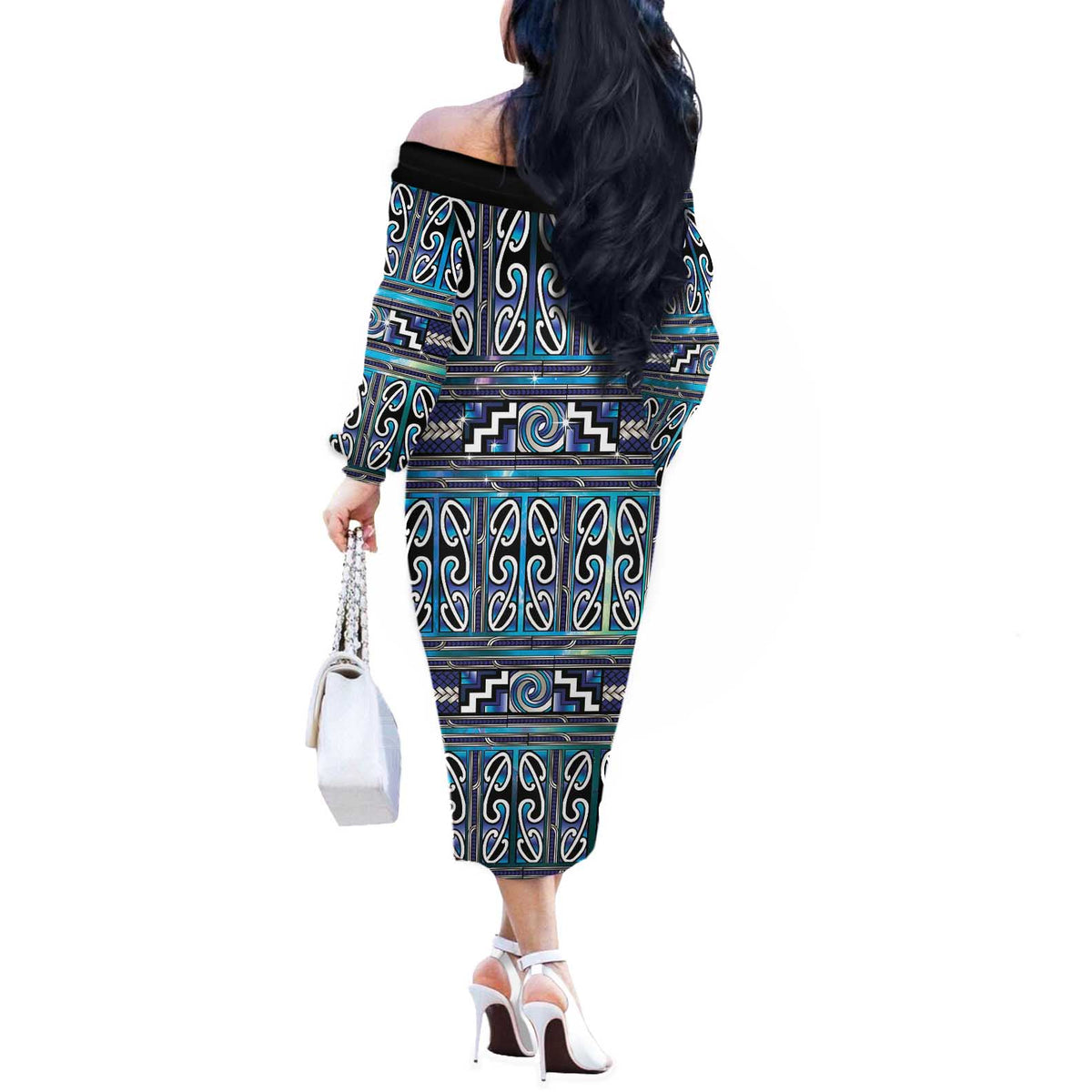 Maori Matariki Off The Shoulder Long Sleeve Dress Blue Galaxy Aesthetic Koru Art LT01 - Polynesian Pride