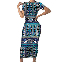 Maori Matariki Short Sleeve Bodycon Dress Blue Galaxy Aesthetic Koru Art LT01 Long Dress Blue - Polynesian Pride