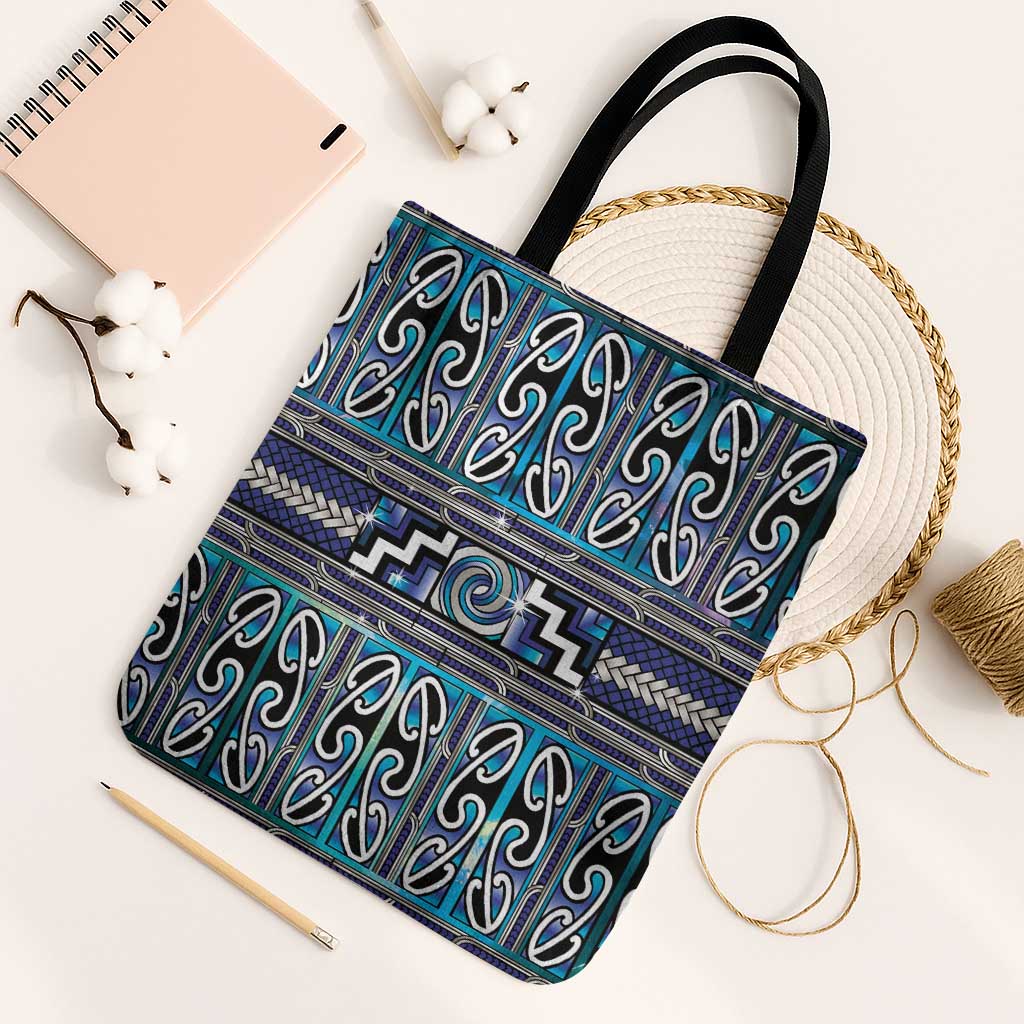 Maori Matariki Tote Bag Blue Galaxy Aesthetic Koru Art LT01 Black Strap One Size Blue - Polynesian Pride