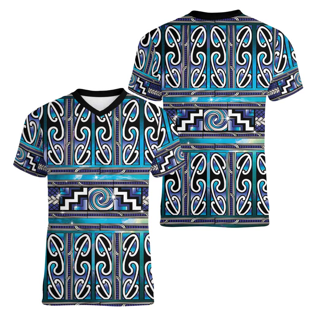 Maori Matariki Women V-Neck T-Shirt Blue Galaxy Aesthetic Koru Art LT01 - Polynesian Pride