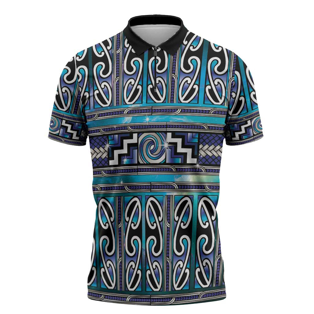 Maori Matariki Zipper Polo Shirt Blue Galaxy Aesthetic Koru Art LT01 Blue - Polynesian Pride