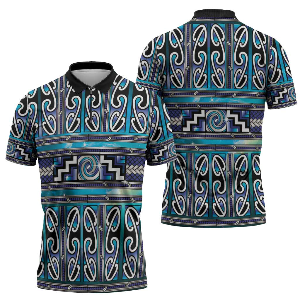 Maori Matariki Zipper Polo Shirt Blue Galaxy Aesthetic Koru Art LT01 - Polynesian Pride