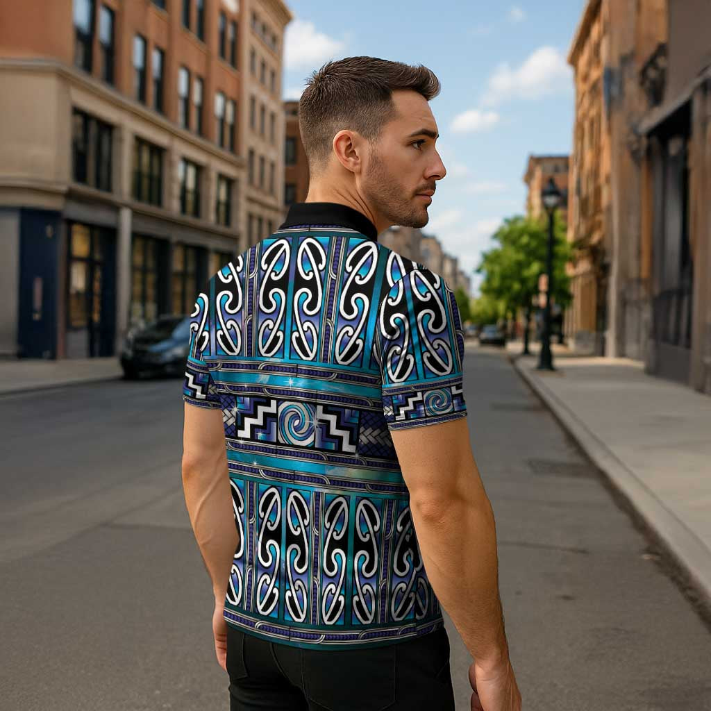 Maori Matariki Zipper Polo Shirt Blue Galaxy Aesthetic Koru Art LT01 - Polynesian Pride