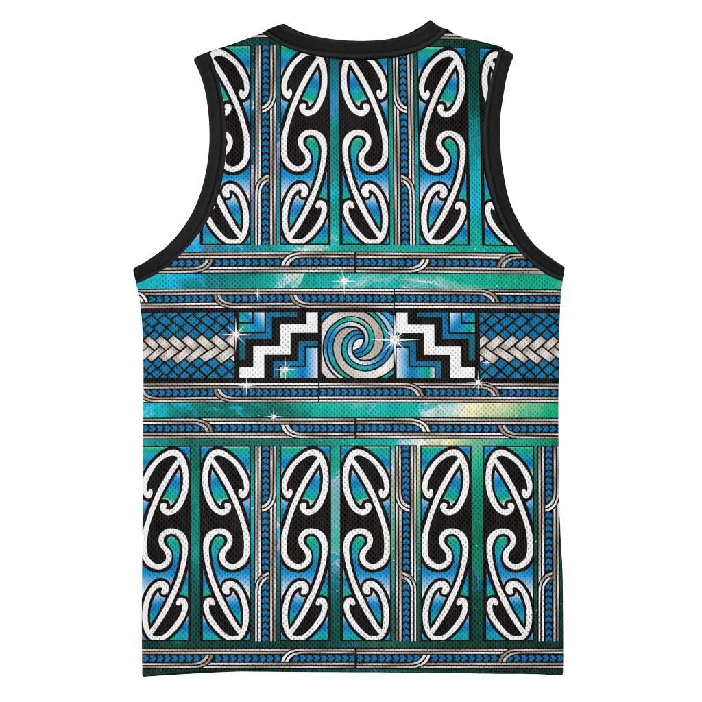Maori Matariki Basketball Jersey Green Galaxy Aesthetic Koru Art LT01 - Polynesian Pride