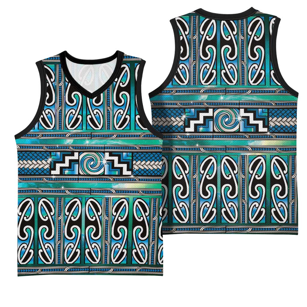 Maori Matariki Basketball Jersey Green Galaxy Aesthetic Koru Art LT01 - Polynesian Pride