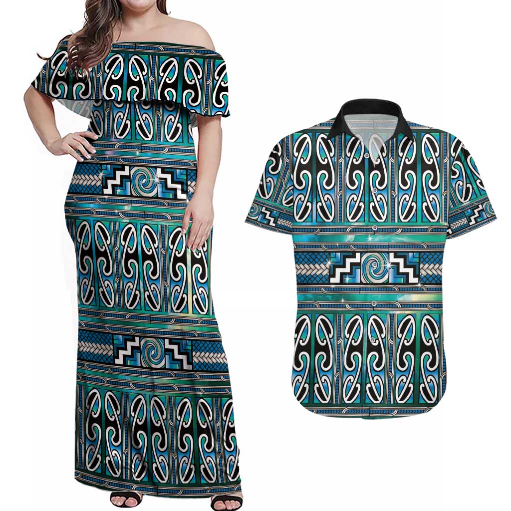Maori Matariki Couples Matching Off Shoulder Maxi Dress and Hawaiian Shirt Green Galaxy Aesthetic Koru Art LT01 Green - Polynesian Pride