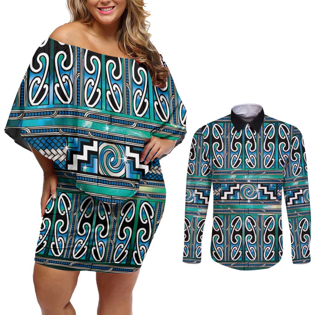 Maori Matariki Couples Matching Off Shoulder Short Dress and Long Sleeve Button Shirt Green Galaxy Aesthetic Koru Art LT01 Green - Polynesian Pride