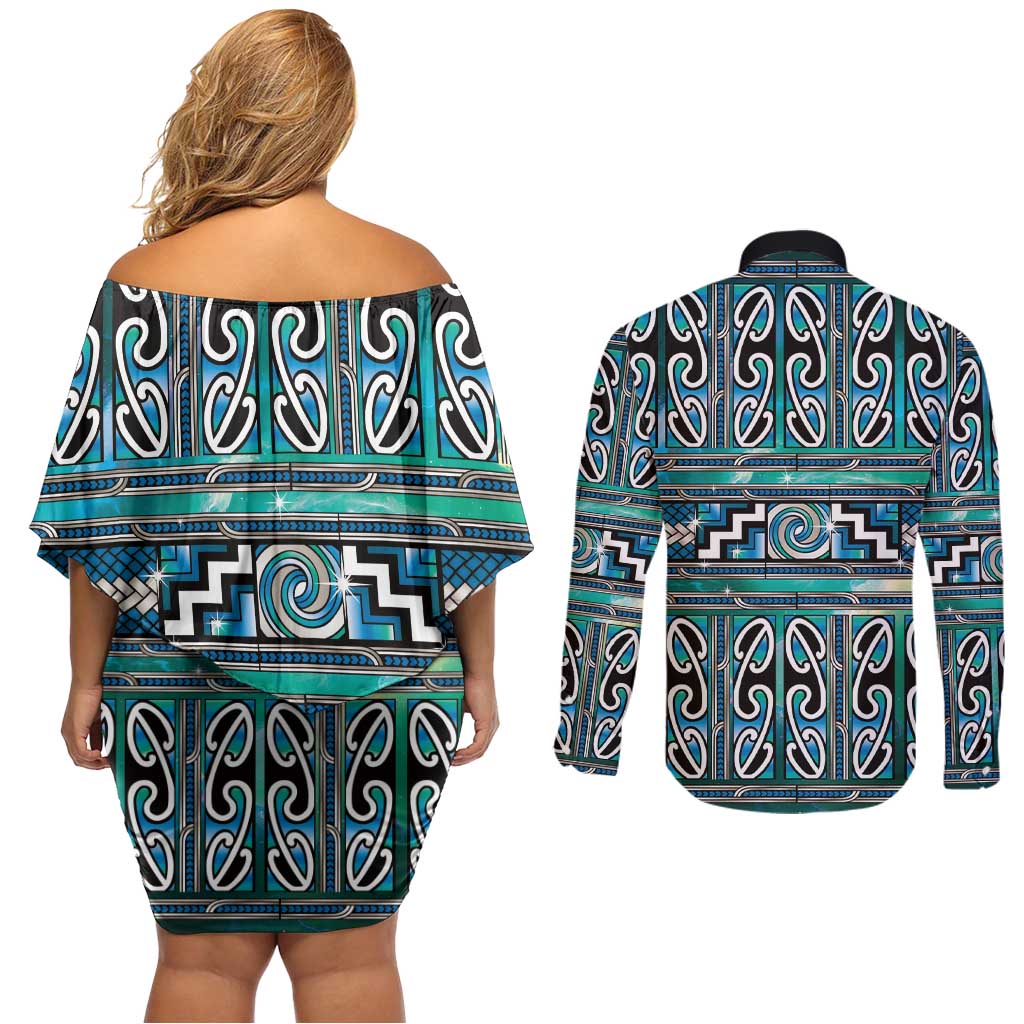 Maori Matariki Couples Matching Off Shoulder Short Dress and Long Sleeve Button Shirt Green Galaxy Aesthetic Koru Art LT01 - Polynesian Pride