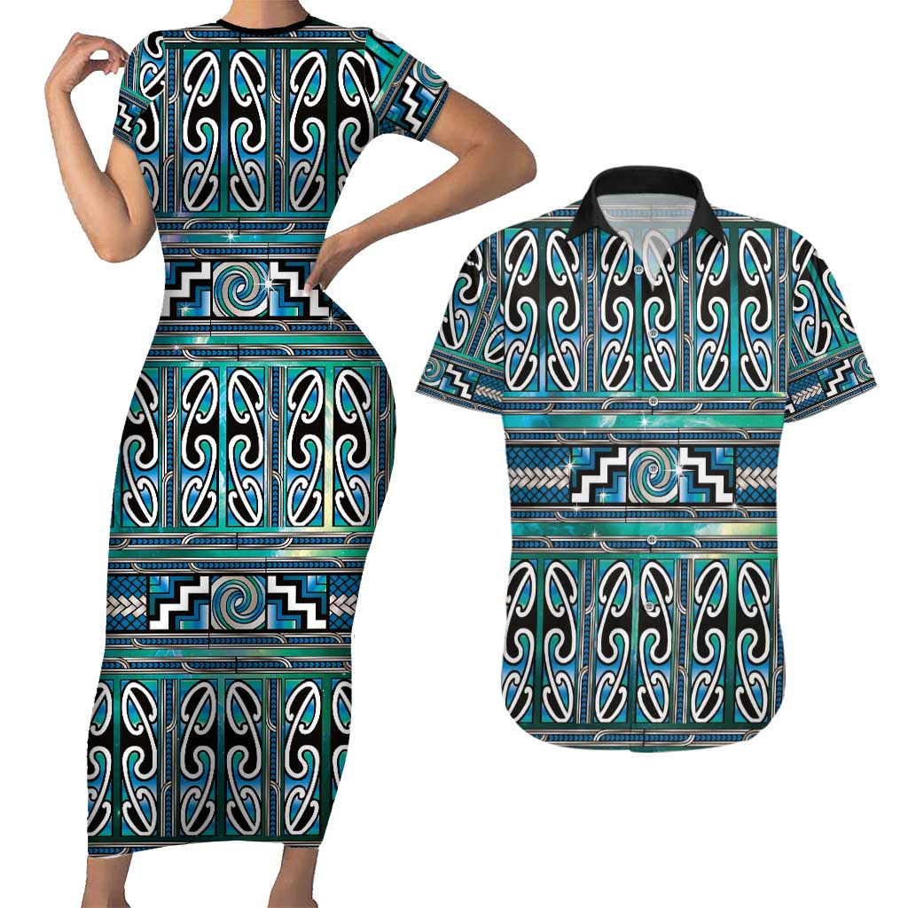 Maori Matariki Couples Matching Short Sleeve Bodycon Dress and Hawaiian Shirt Green Galaxy Aesthetic Koru Art LT01 Green - Polynesian Pride
