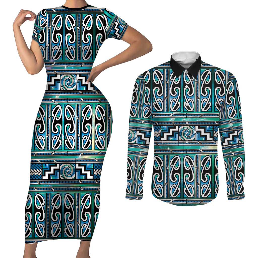 Maori Matariki Couples Matching Short Sleeve Bodycon Dress and Long Sleeve Button Shirt Green Galaxy Aesthetic Koru Art LT01 Green - Polynesian Pride