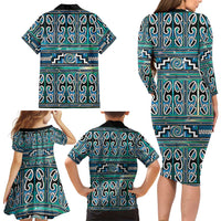 Maori Matariki Family Matching Long Sleeve Bodycon Dress and Hawaiian Shirt Green Galaxy Aesthetic Koru Art