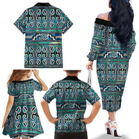 Maori Matariki Family Matching Off The Shoulder Long Sleeve Dress and Hawaiian Shirt Green Galaxy Aesthetic Koru Art