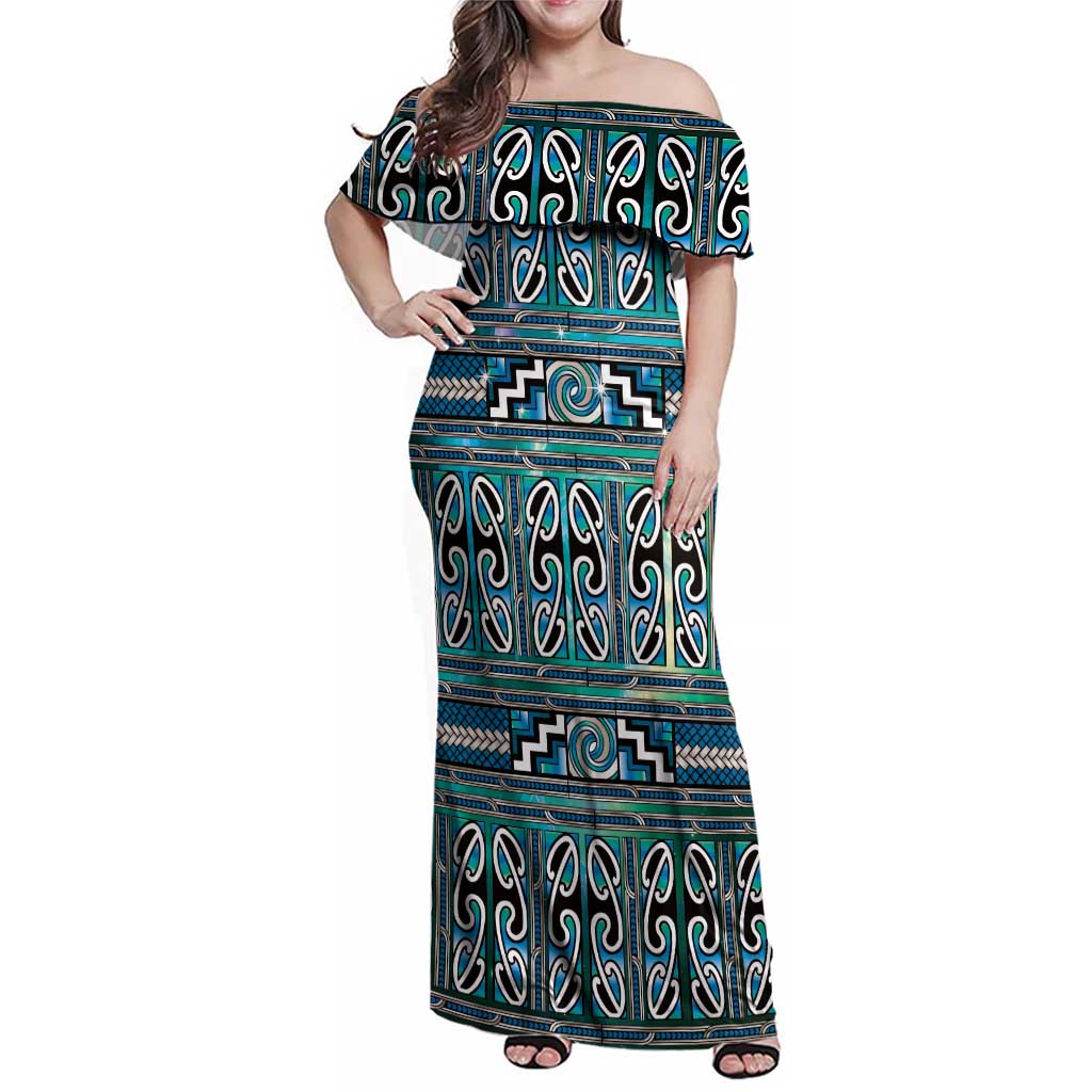 Maori Matariki Family Matching Off Shoulder Maxi Dress and Hawaiian Shirt Green Galaxy Aesthetic Koru Art