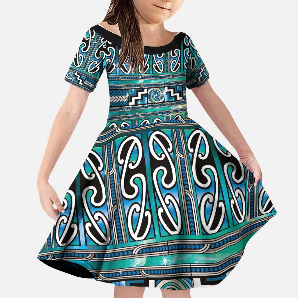 Maori Matariki Family Matching Puletasi and Hawaiian Shirt Green Galaxy Aesthetic Koru Art