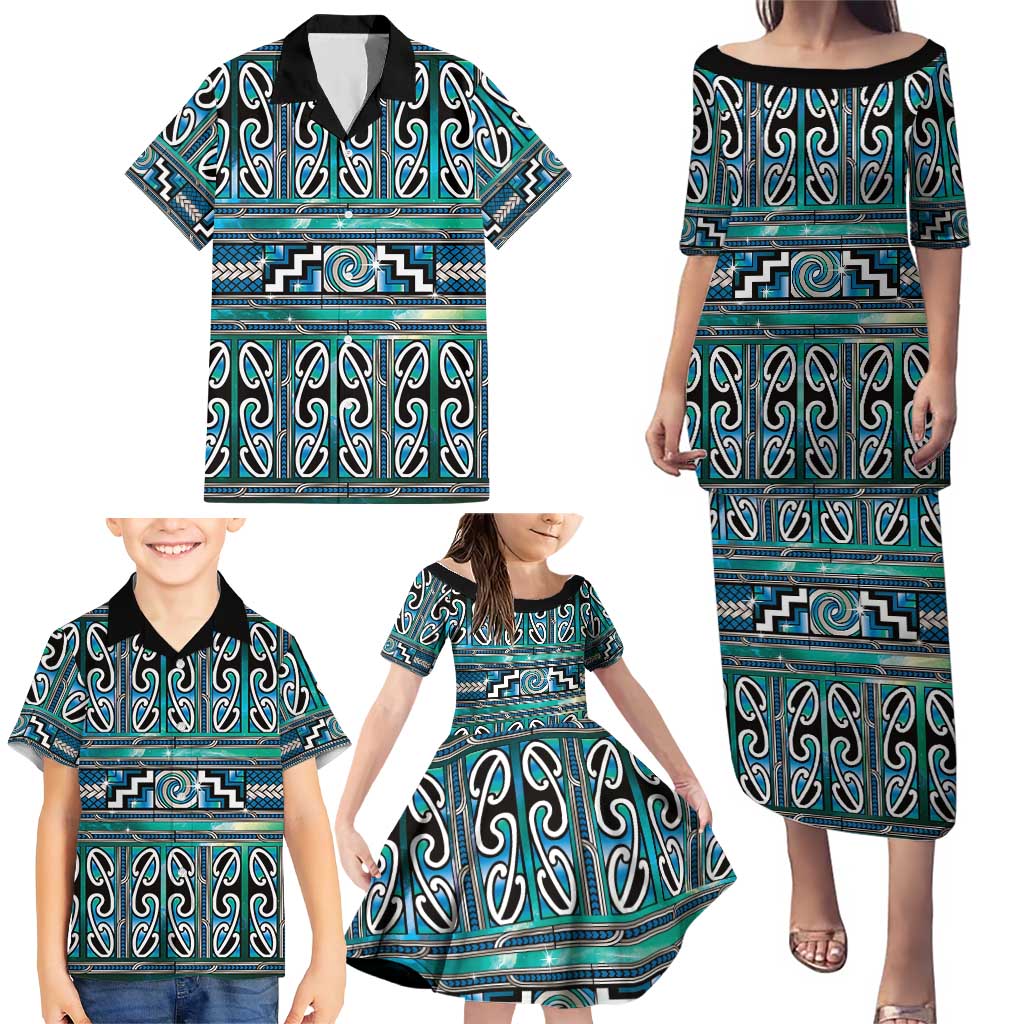 Maori Matariki Family Matching Puletasi and Hawaiian Shirt Green Galaxy Aesthetic Koru Art LT01 - Polynesian Pride