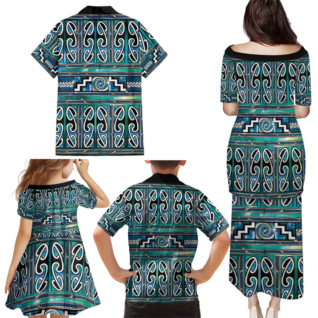 Maori Matariki Family Matching Puletasi and Hawaiian Shirt Green Galaxy Aesthetic Koru Art
