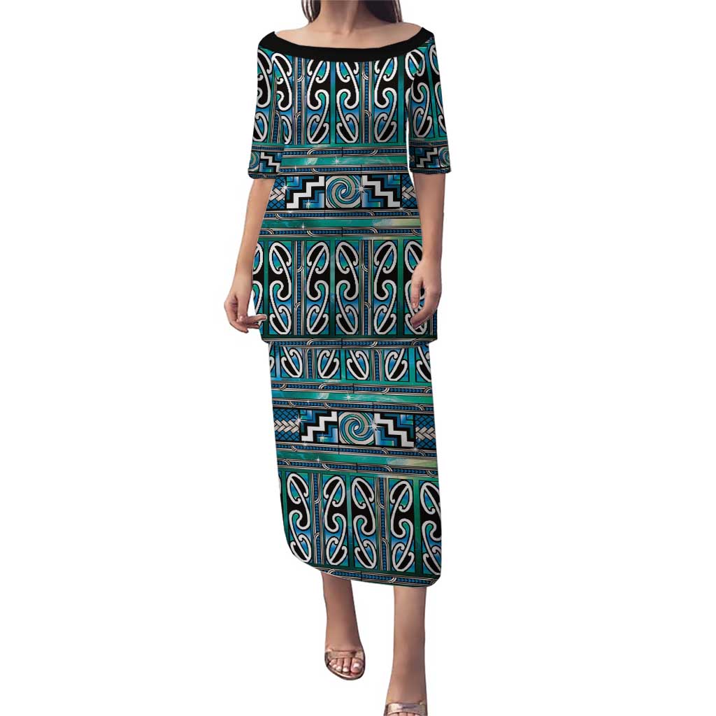 Maori Matariki Family Matching Puletasi and Hawaiian Shirt Green Galaxy Aesthetic Koru Art