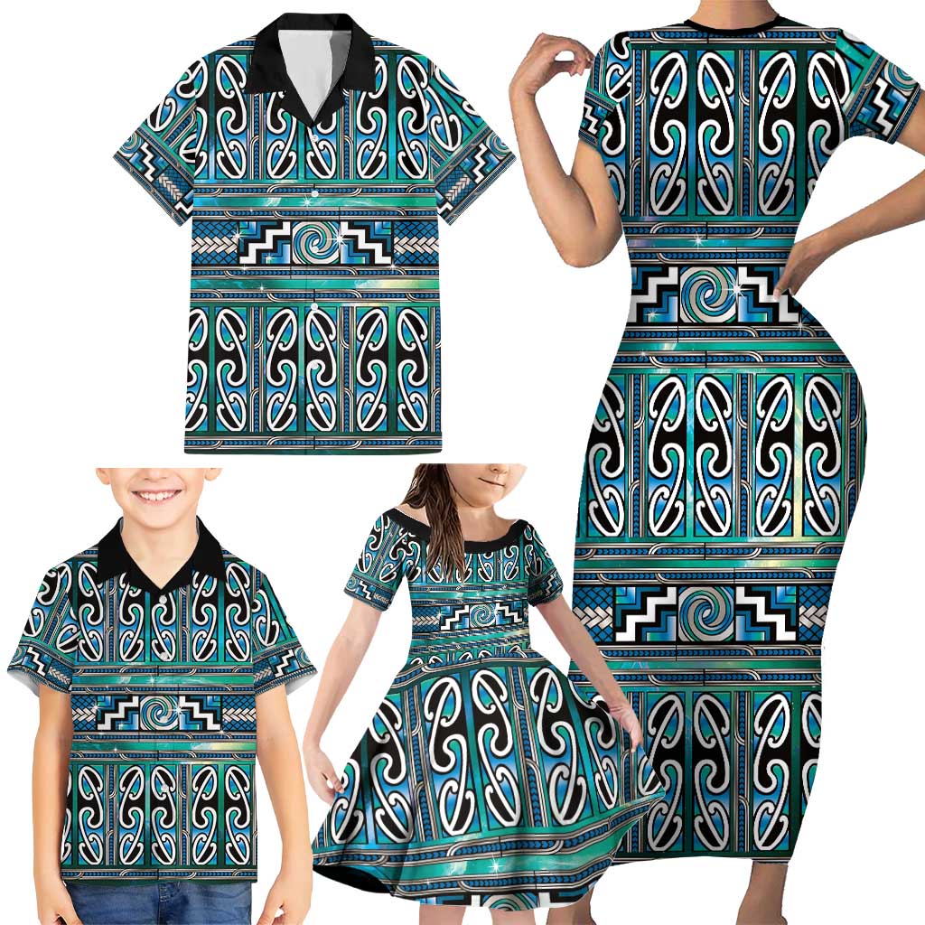 Maori Matariki Family Matching Short Sleeve Bodycon Dress and Hawaiian Shirt Green Galaxy Aesthetic Koru Art LT01 - Polynesian Pride