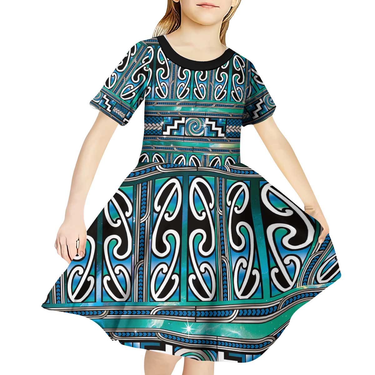 Maori Matariki Kid Short Sleeve Dress Green Galaxy Aesthetic Koru Art LT01 - Polynesian Pride