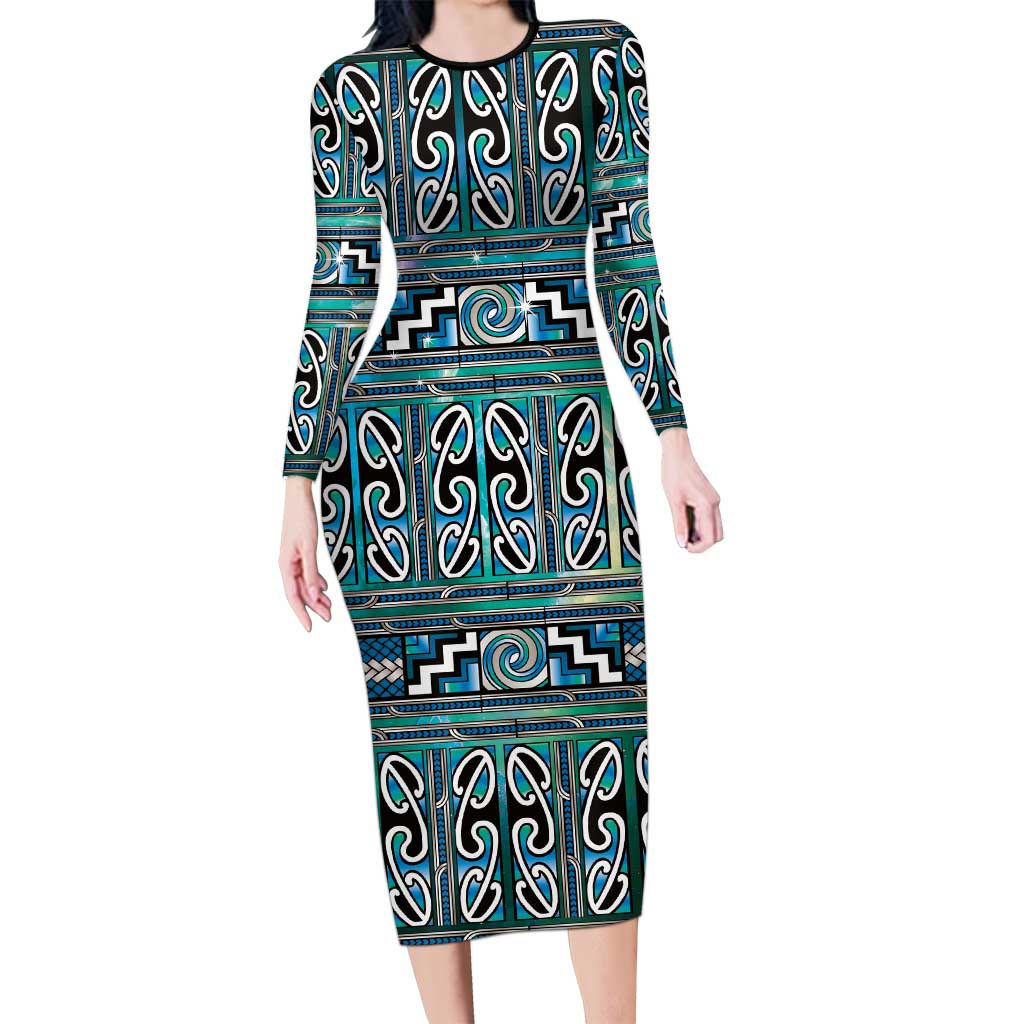 Maori Matariki Long Sleeve Bodycon Dress Green Galaxy Aesthetic Koru Art LT01 Long Dress Green - Polynesian Pride