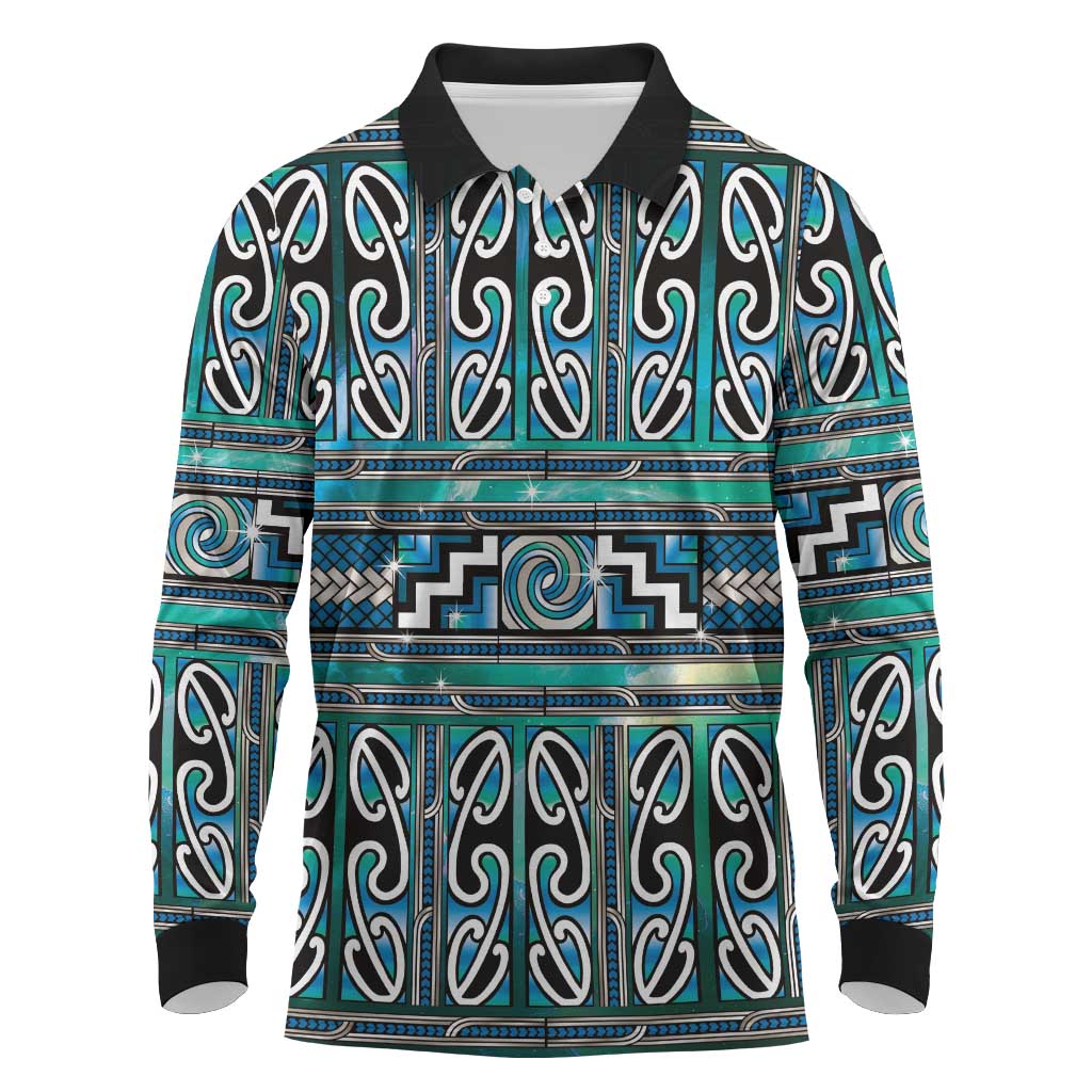 Maori Matariki Long Sleeve Polo Shirt Green Galaxy Aesthetic Koru Art LT01 Green - Polynesian Pride