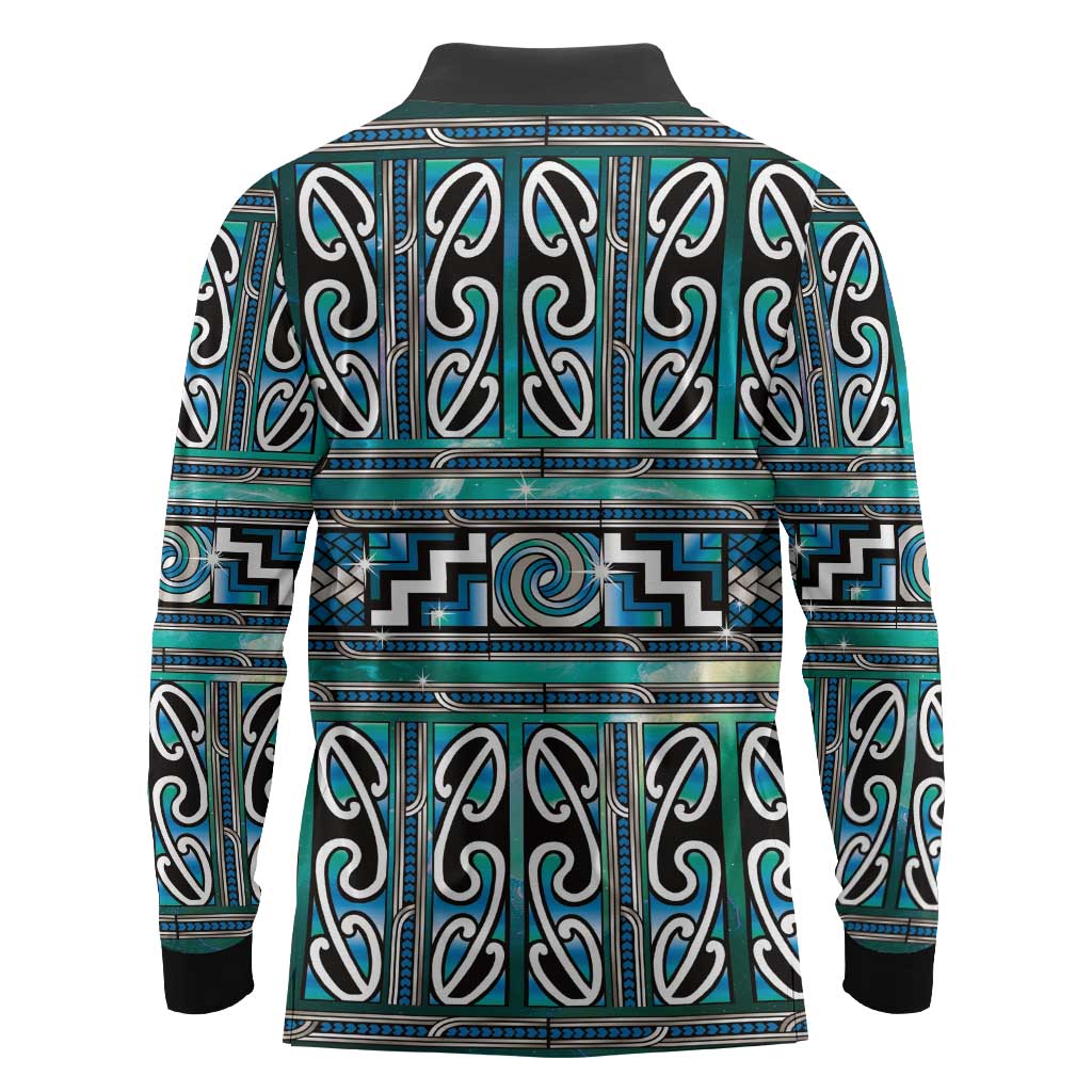 Maori Matariki Long Sleeve Polo Shirt Green Galaxy Aesthetic Koru Art LT01 - Polynesian Pride
