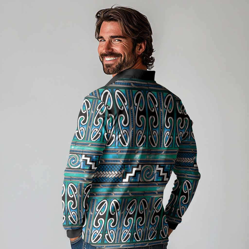Maori Matariki Long Sleeve Polo Shirt Green Galaxy Aesthetic Koru Art LT01 - Polynesian Pride