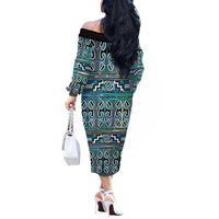 Maori Matariki Off The Shoulder Long Sleeve Dress Green Galaxy Aesthetic Koru Art LT01 - Polynesian Pride