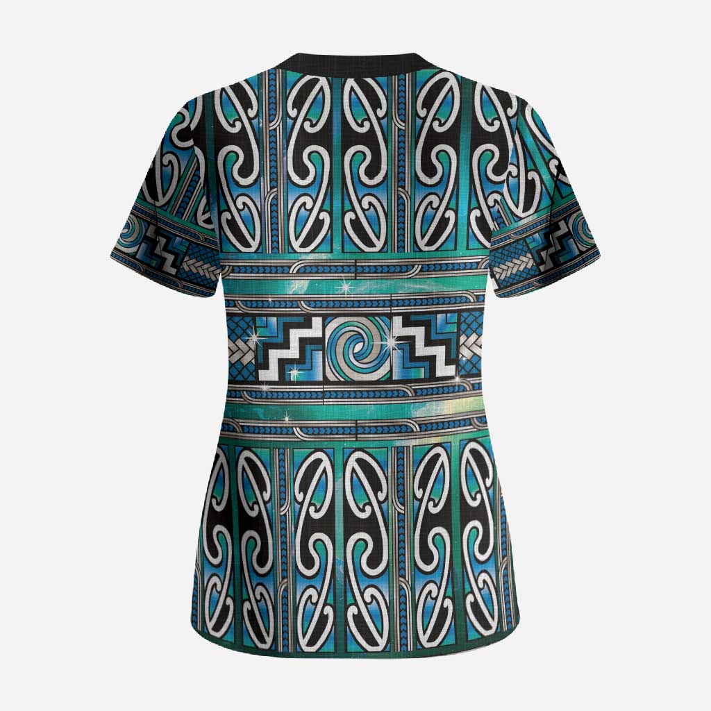 Maori Matariki Scrub Top Green Galaxy Aesthetic Koru Art
