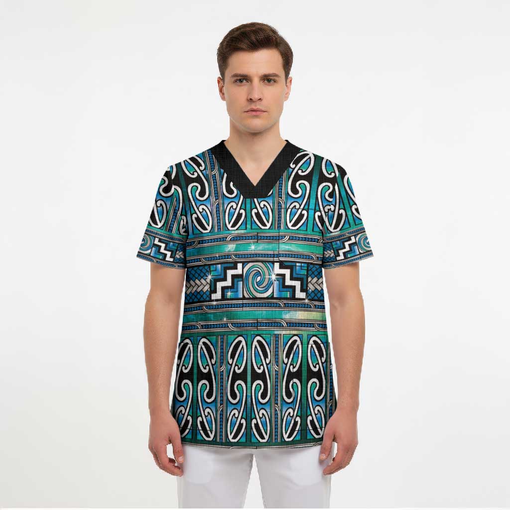 Maori Matariki Scrub Top Green Galaxy Aesthetic Koru Art