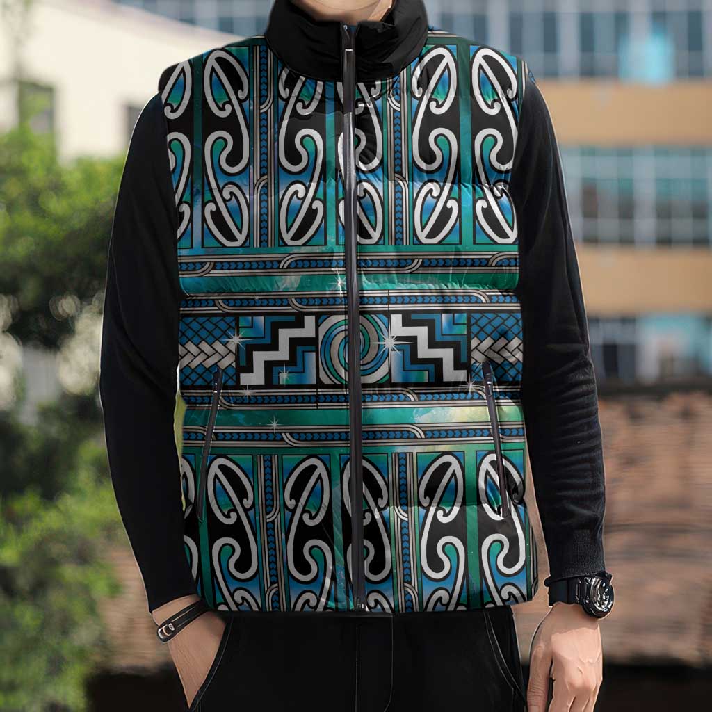 Maori Matariki Sleeveless Puffer Jacket Green Galaxy Aesthetic Koru Art LT01 - Polynesian Pride