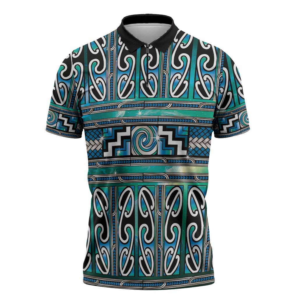 Maori Matariki Zipper Polo Shirt Green Galaxy Aesthetic Koru Art LT01 Green - Polynesian Pride