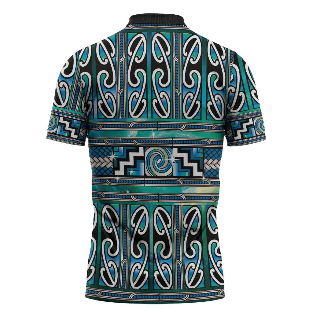 Maori Matariki Zipper Polo Shirt Green Galaxy Aesthetic Koru Art LT01 - Polynesian Pride