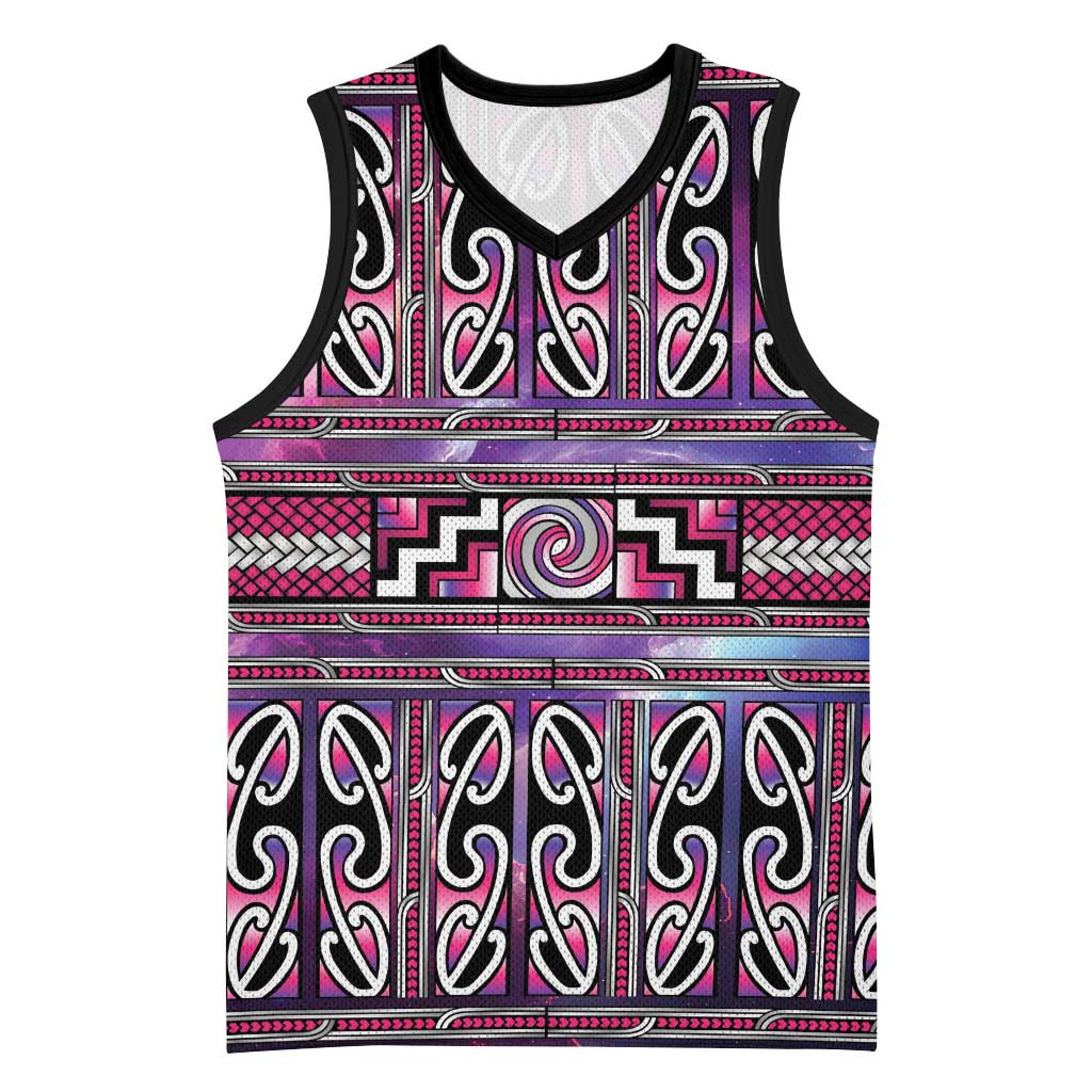 Maori Matariki Basketball Jersey Pink Galaxy Aesthetic Koru Art