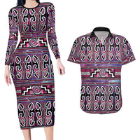Maori Matariki Couples Matching Long Sleeve Bodycon Dress and Hawaiian Shirt Pink Galaxy Aesthetic Koru Art