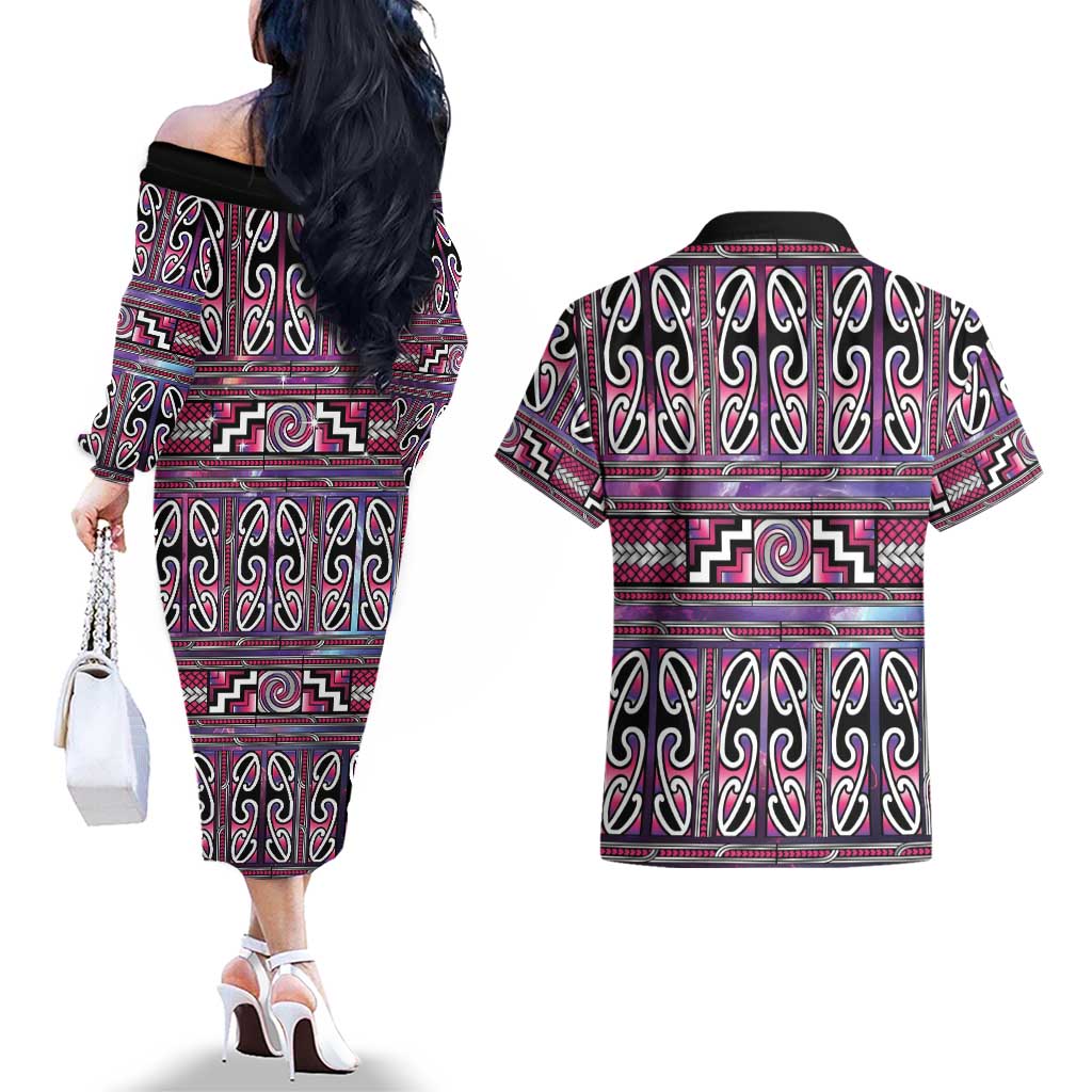 Maori Matariki Couples Matching Off The Shoulder Long Sleeve Dress and Hawaiian Shirt Pink Galaxy Aesthetic Koru Art