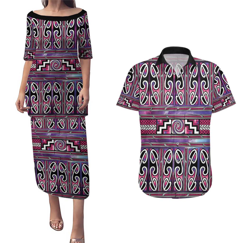 Maori Matariki Couples Matching Puletasi and Hawaiian Shirt Pink Galaxy Aesthetic Koru Art LT01 Pink - Polynesian Pride