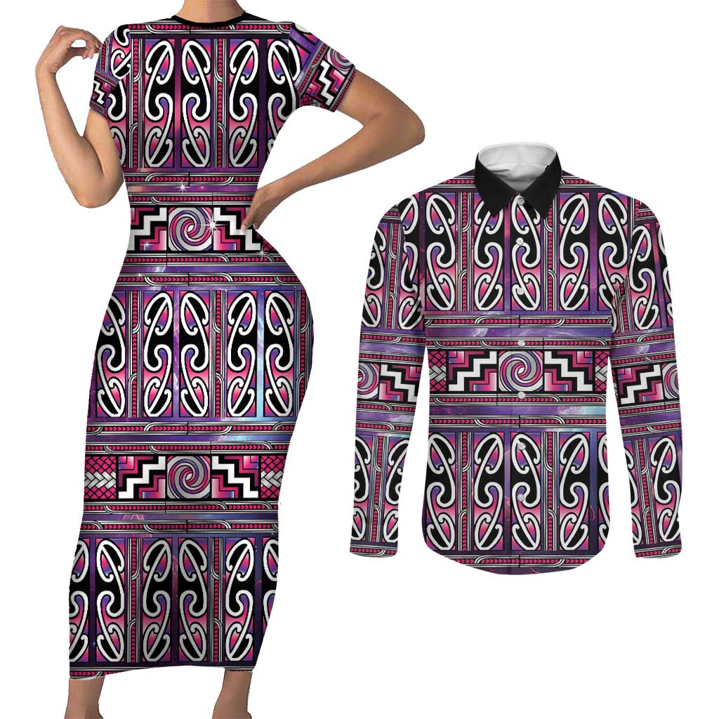 Maori Matariki Couples Matching Short Sleeve Bodycon Dress and Long Sleeve Button Shirt Pink Galaxy Aesthetic Koru Art LT01 Pink - Polynesian Pride