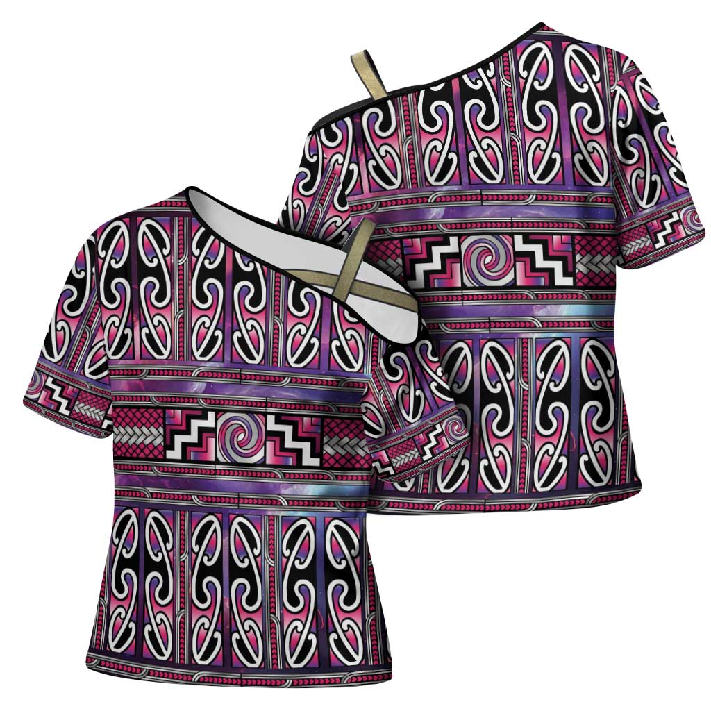 Maori Matariki Cross Shoulder Shirt Pink Galaxy Aesthetic Koru Art LT01 - Polynesian Pride