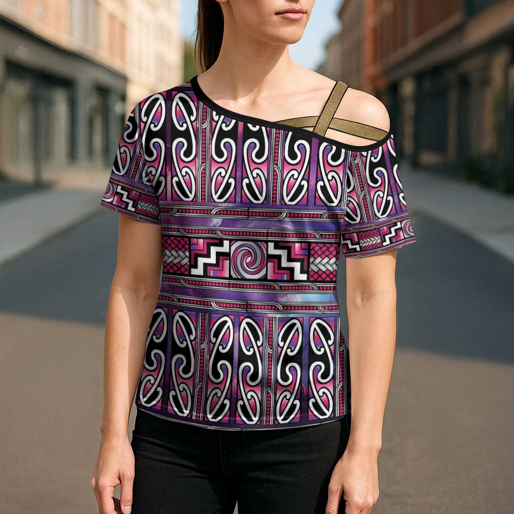 Maori Matariki Cross Shoulder Shirt Pink Galaxy Aesthetic Koru Art LT01 - Polynesian Pride